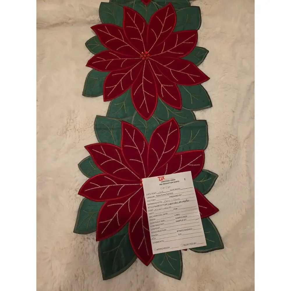Christmas Poinsettia Table Runner Velvet Embroidered TJ Maxx 28555 Rare Sample